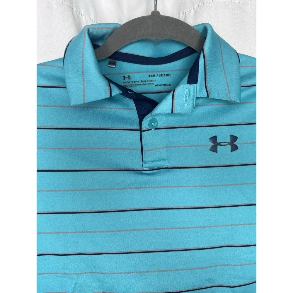 Youth Small Under Armour Teal Striped Heatgear Shortsleeve Golf Polo - Picture 2 of 6